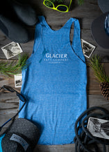 Load image into Gallery viewer, Back of Glacier Raft Company live an adventure blue tank top
