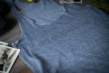 Load image into Gallery viewer, Close up of grey live an adventure tank top from Glacier Rafting