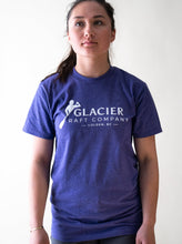 Load image into Gallery viewer, model wearing purple glacier raft company golden bc t-shirt