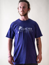Load image into Gallery viewer, male model wearing purple glacier raft company golden bc t-shirt