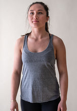 Load image into Gallery viewer, model wearing Glacier Rafting's grey live an adventure tank top