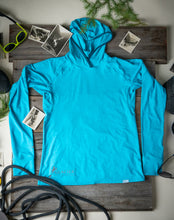 Load image into Gallery viewer, glacier rafting company blue NRS silkweight long sleeve hoodie
