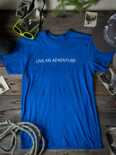 Load image into Gallery viewer, blue live an adventure rafting t-shirt