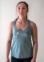 Load image into Gallery viewer, model wearing green glacier raft company women's tank