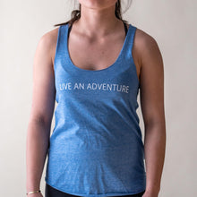 Load image into Gallery viewer, Model wearing blue Live an Adventure tank top
