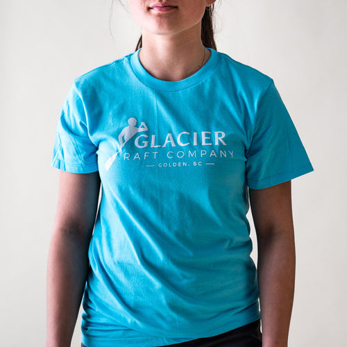 Teal t-shirt with Glacier Raft Company Golden BC Logo