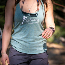 Load image into Gallery viewer, Glacier Raft Company, Golden BC women&#39;s logo tank top in green
