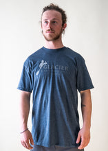 Load image into Gallery viewer, male model wearing navy glacier raft company logo t-shirt
