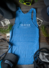 Load image into Gallery viewer, Back of Glacier Raft Company live an adventure blue tank top
