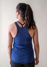 Load image into Gallery viewer, model showing back of glacier raft company navy tank top
