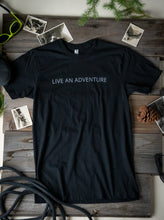 Load image into Gallery viewer, black live an adventure glacier rafting t-shirt
