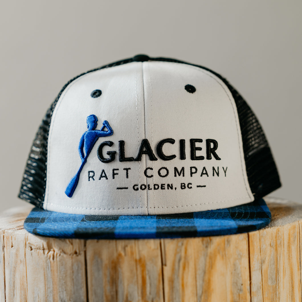 blue buffalo plaid glacier raft company hat