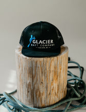 Load image into Gallery viewer, black and blue flat brim glacier raft company hat
