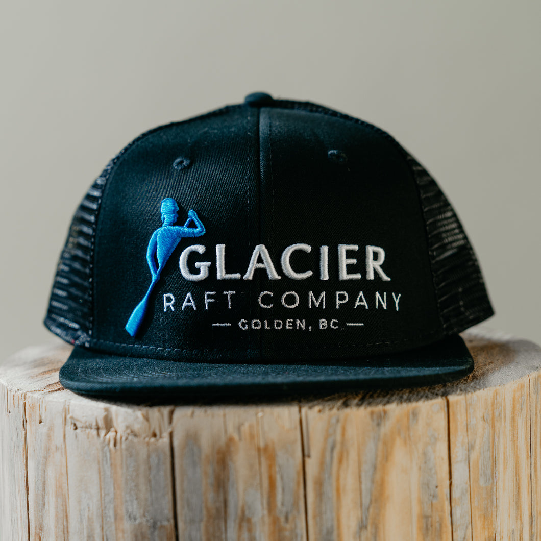 black flat brim glacier raft company hat