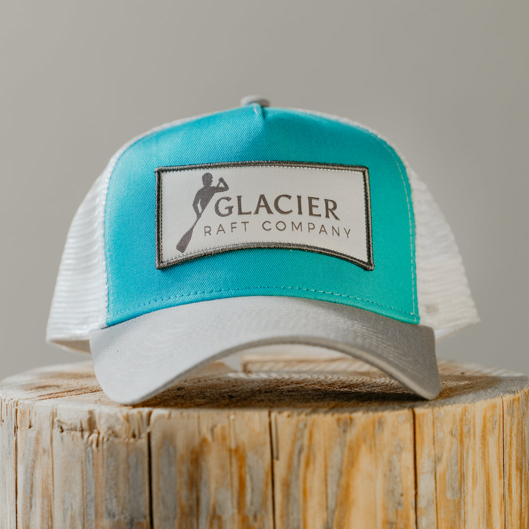 aqua and grey glacier raft company hat