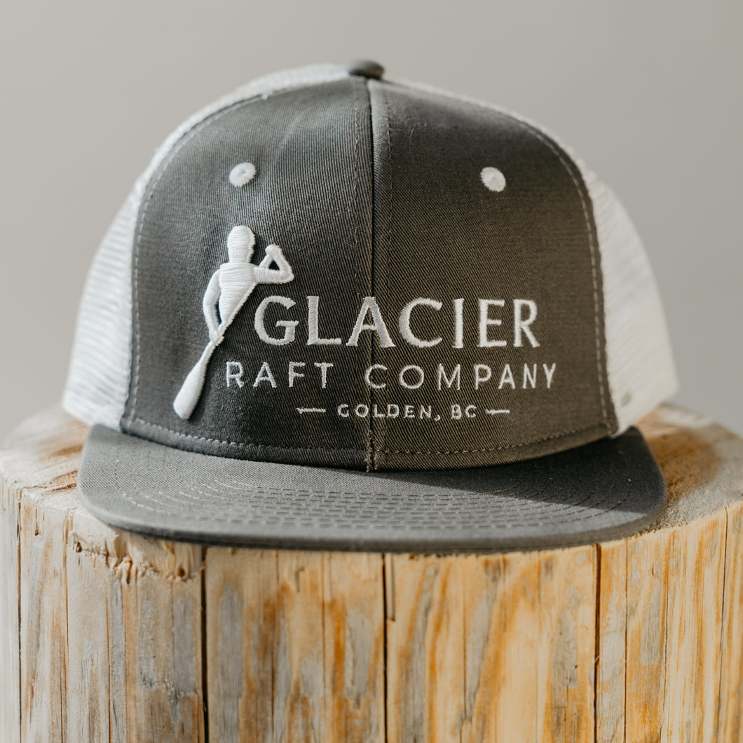 grey and white glacier raft company hat